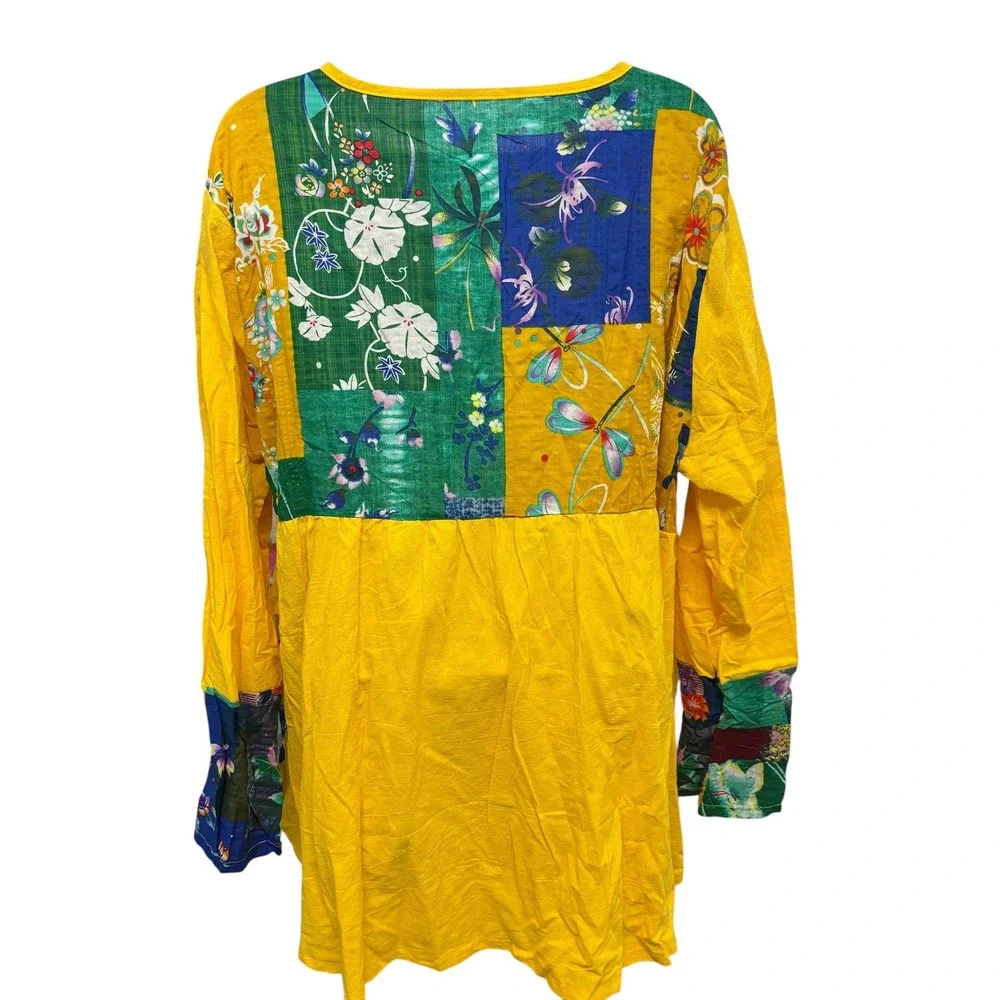 Yellow Patchwork Floral Lagenlook Tunic Top Long Sleeve Asymmetrical 2XL